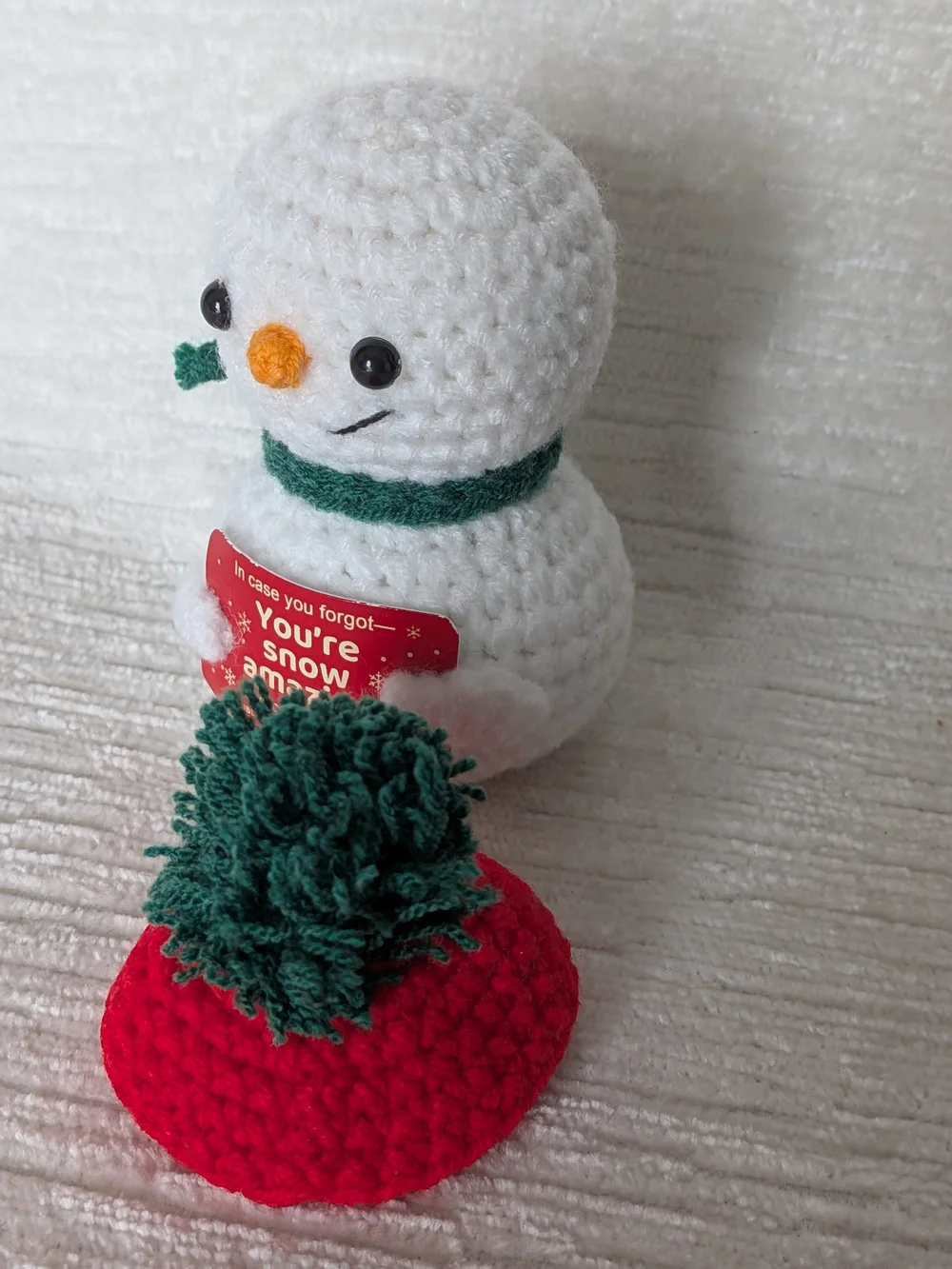 Crochet Snowman Plush with sign. removable Red Hat & Green Scarf